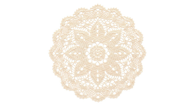 Delicate beige crochet doily with intricate floral pattern and lace edge