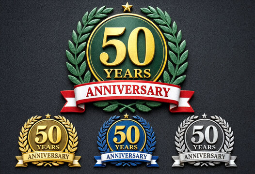 Golden anniversary celebration with elegant laurel wreaths and decorative badges for milestone events