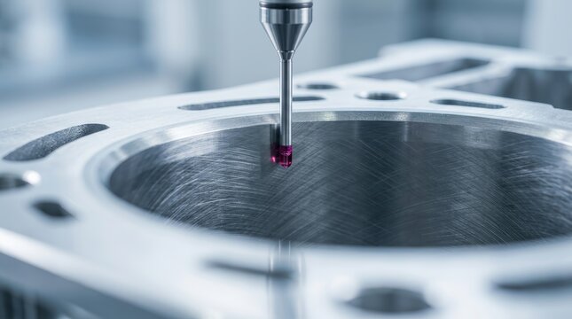 Precision measurement and quality control of a diesel engine cylinder block during repair.