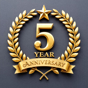 Golden five year anniversary emblem with laurel wreath and star design celebration