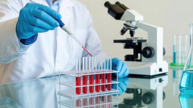 Scientist using pipette for blood sample analysis in medical laboratory with microscope background.