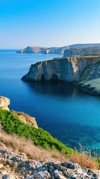 Stunning blue sea meets rugged limestone cliffs under clear skies with green vegetation in the foreground along a peaceful coastal landscape