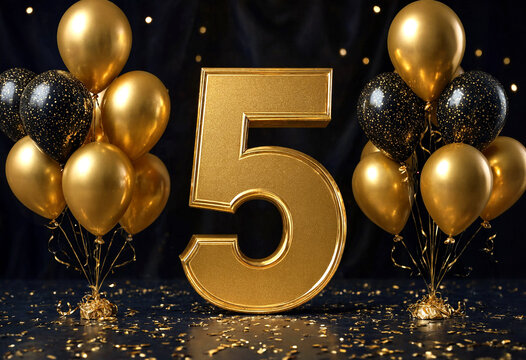 Golden number five with elegant black and gold balloons celebration setup for special events and anniversaries