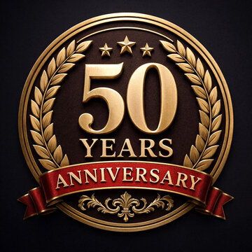 Golden elegant fiftieth anniversary emblem with laurel wreath and decorative ribbon design