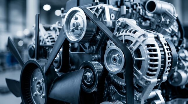 Detailed view of a diesel engine belt drive and mechanical transmission components.