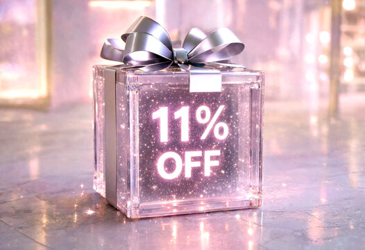 Sparkling clear gift box with eleven percent off discount offer and shiny silver bow decoration