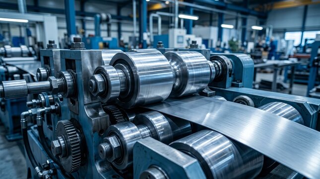 Continuous high speed roll forming machine for metal sheet manufacturing in industry.
