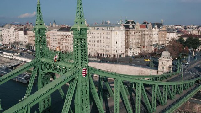 Aerial view rising over Liberty Bridge in Budapest Hungary
