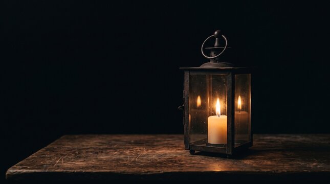 Vintage lantern with burning candle casting warm light on a rustic wooden table in darkness