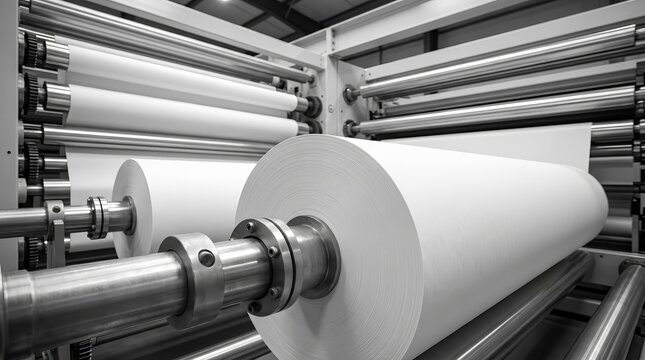 Close-up of white paper rolls and fabric loaded in a professional industrial plotter.