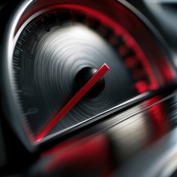 Dynamic macro view of a brushed metal car speedometer dial illuminated by red highlights symbolizing speed and precision in automotive design