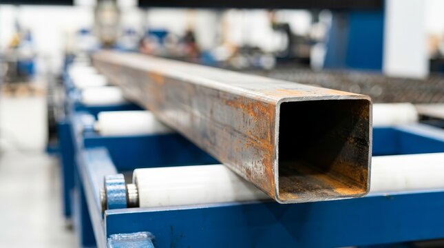 A square tube on a conveyor for a hydraulic punch shear bender and notching machine.
