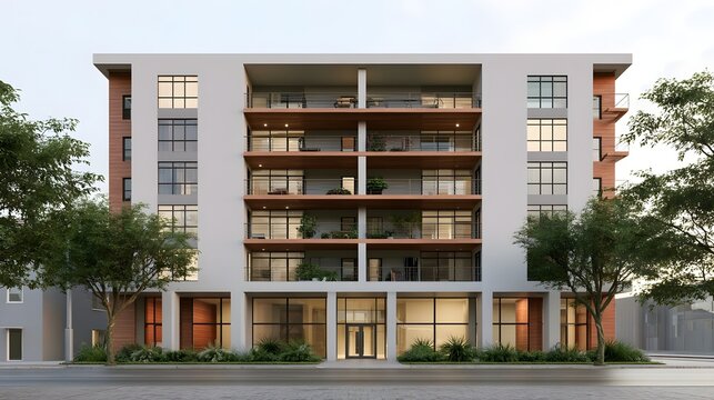 Modern multi story residential building with balconies  glass   and landscaped frontage under soft daylight