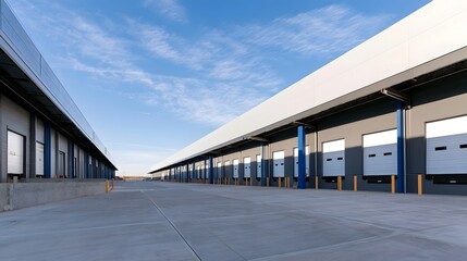 Obraz premium Modern industrial warehouse with long loading docks blue support columns and white roll up doors under a clear blue sky with wispy clouds