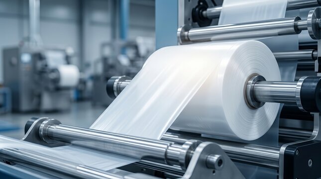 Industrial plastic packaging machine featuring a large roll of film and product packaging concept.