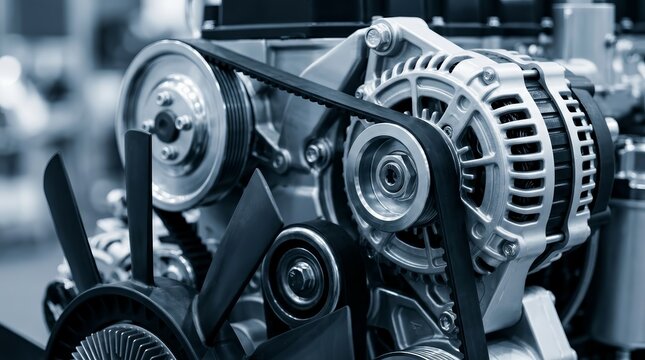 Detailed view of a diesel engine belt drive and mechanical transmission components.