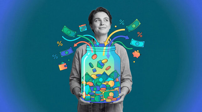 Young woman holding a glass jar filling with coins and money notes, surrounded by interest percentage icons and financial flows