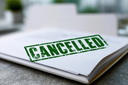 Document with bold green stamp showing cancellation placed on a table symbolizing rejection or termination of agreement in business or legal context