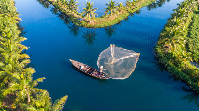 Fisherman casting a circular net from a traditional wooden boat in a tropical river canal