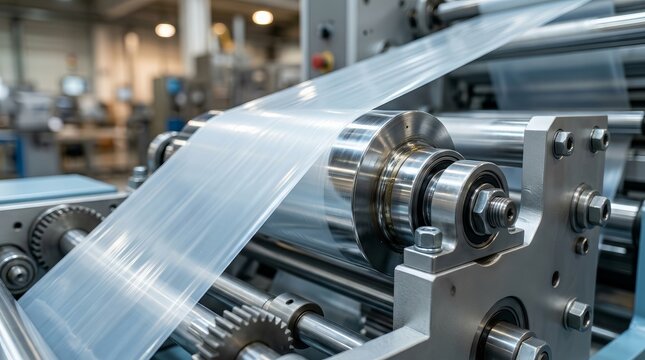 Industrial product packaging concept featuring a polyethylene plastic bag production machine.