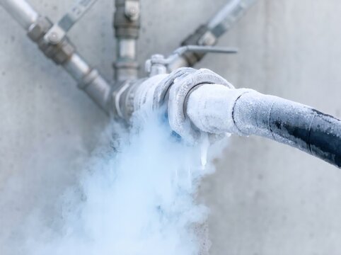 A liquid nitrogen fill line frosting as it charges a vessel