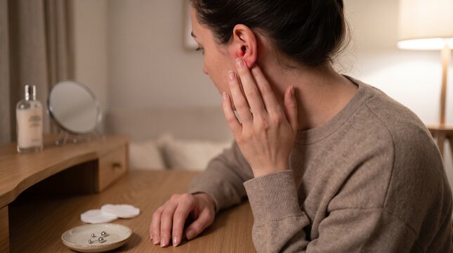 Woman touching irritated earlobe at dressing table