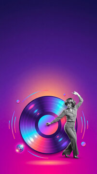 Retro style woman dancing next to huge vinyl record and disco ball on purple vibrant gradient background collage