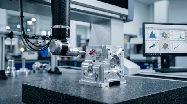 CMM quality control machine performing technical measurements on a metal component.
