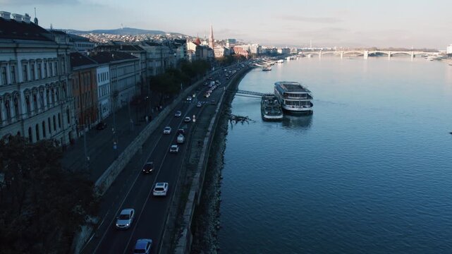Aerial View of Traffic on River Embankment in Budapest