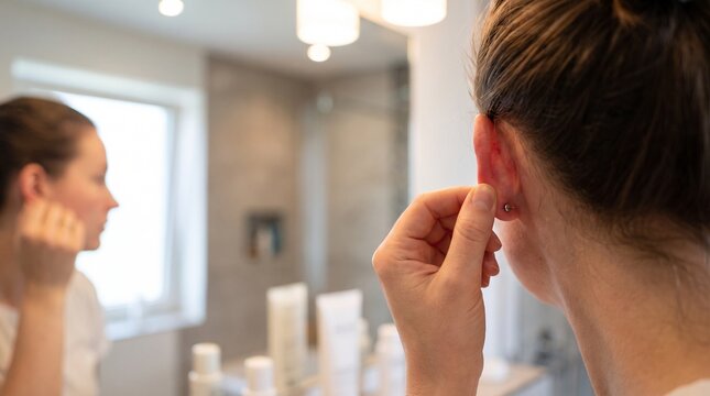 Woman examining irritated ear piercing in bathroom mirror