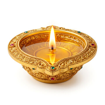  For Diwali and other Indian Hindu festival celebration and puja ritual golden Design colorful traditional Diya oil lamp, white background