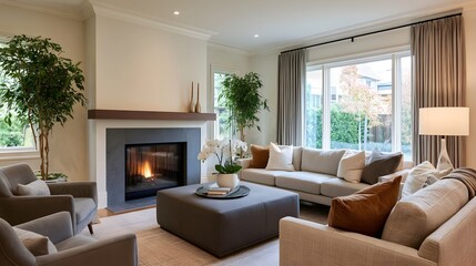 Obraz premium A modern living room with a fireplace large and comfortable seating arranged around a central ottoman