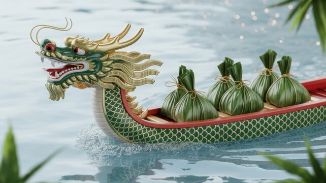 3D dragon boat with zongzi on water for festival.