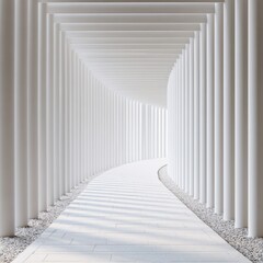 Obraz premium Serene curved walkway framed by evenly spaced white columns creating a modern minimalist architectural tunnel bathed in soft natural light
