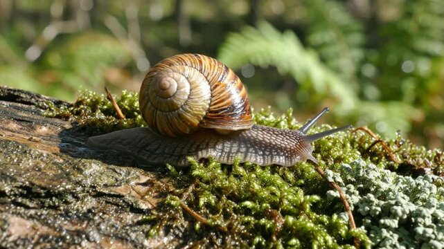 Close up view of a snail exploring moss and a log in a lush green forest, showcasing its shell and slow movement