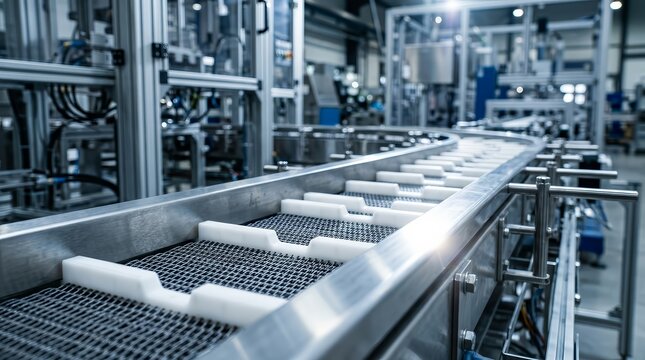 An empty automated conveyor belt system within a production line.