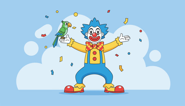 Funny circus clown wearing a colorful costume and holding a cute green parrot on his hand against a blue sky.