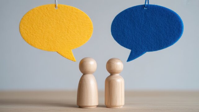 Wooden peg figures with yellow and blue speech bubbles representing communication