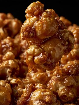 Close-up of a pile of caramel popcorn. the popcorn is golden brown in color and appears to be freshly made.