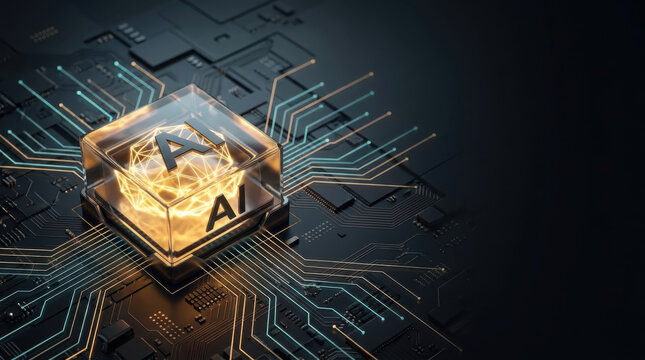 Golden AI hexagon glowing on digital circuit board, artificial intelligence microchip concept, futuristic tech background for machine learning, data processing and electronics innovation