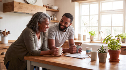 Obraz premium Happy senior mother and adult son drinking coffee together in a bright modern kitchen.