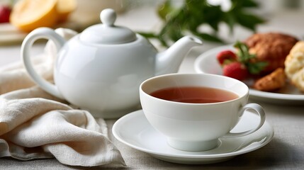 Fototapeta premium A steaming cup of tea sits beside a white teapot with fresh fruit and pastries arranged on a linen cloth