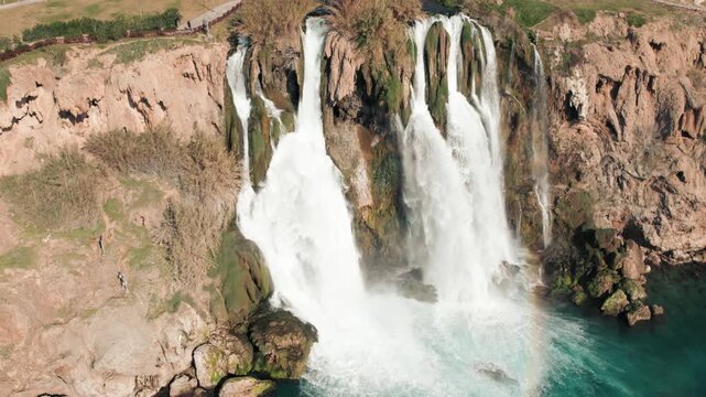 Aerial View of Lower Duden Waterfall Falling into Sea in Antalya