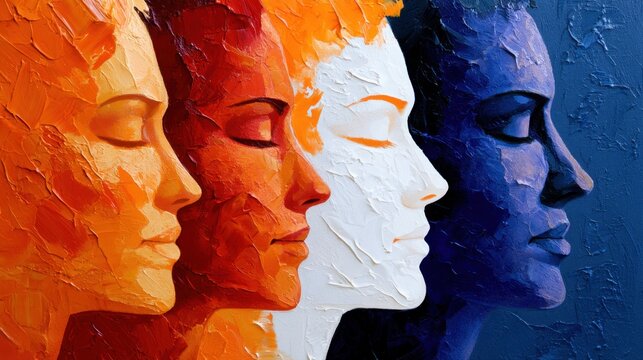 Abstract textured painting of four serene female profiles transitioning in warm and cool tones representing diversity and inner peace through vibrant color cont