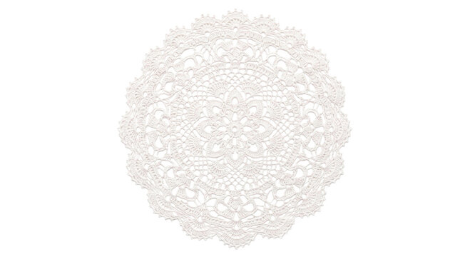 Delicate white crochet doily with intricate floral pattern and scalloped edge