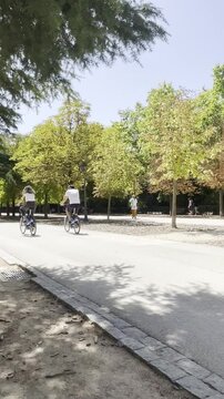 Bicicleta y ciclistas pedaleando en paseo ecol&oacute;gico y saludable pedalear en parque con &aacute;rboles y dos en avenida en naturaleza al aire libre