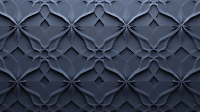 Geometric pattern with carved floral motifs creates a dark blue textured architectural wall surface.