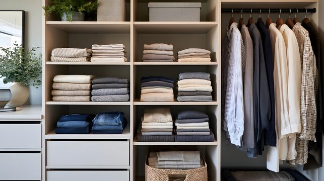 A neatly organized closet with folded clothes on shelves and hanging garments  featuring neutral tones and minimalist design