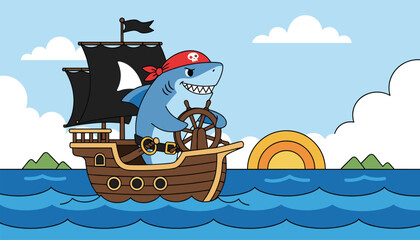 Fototapeta premium Friendly shark dressed as a pirate steers a wooden sailing ship through ocean waves during a beautiful sunset with islands.