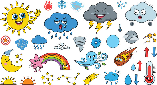 Cute cartoon weather character sticker vector set with smiling mascot sun clouds rainbow moon stars
